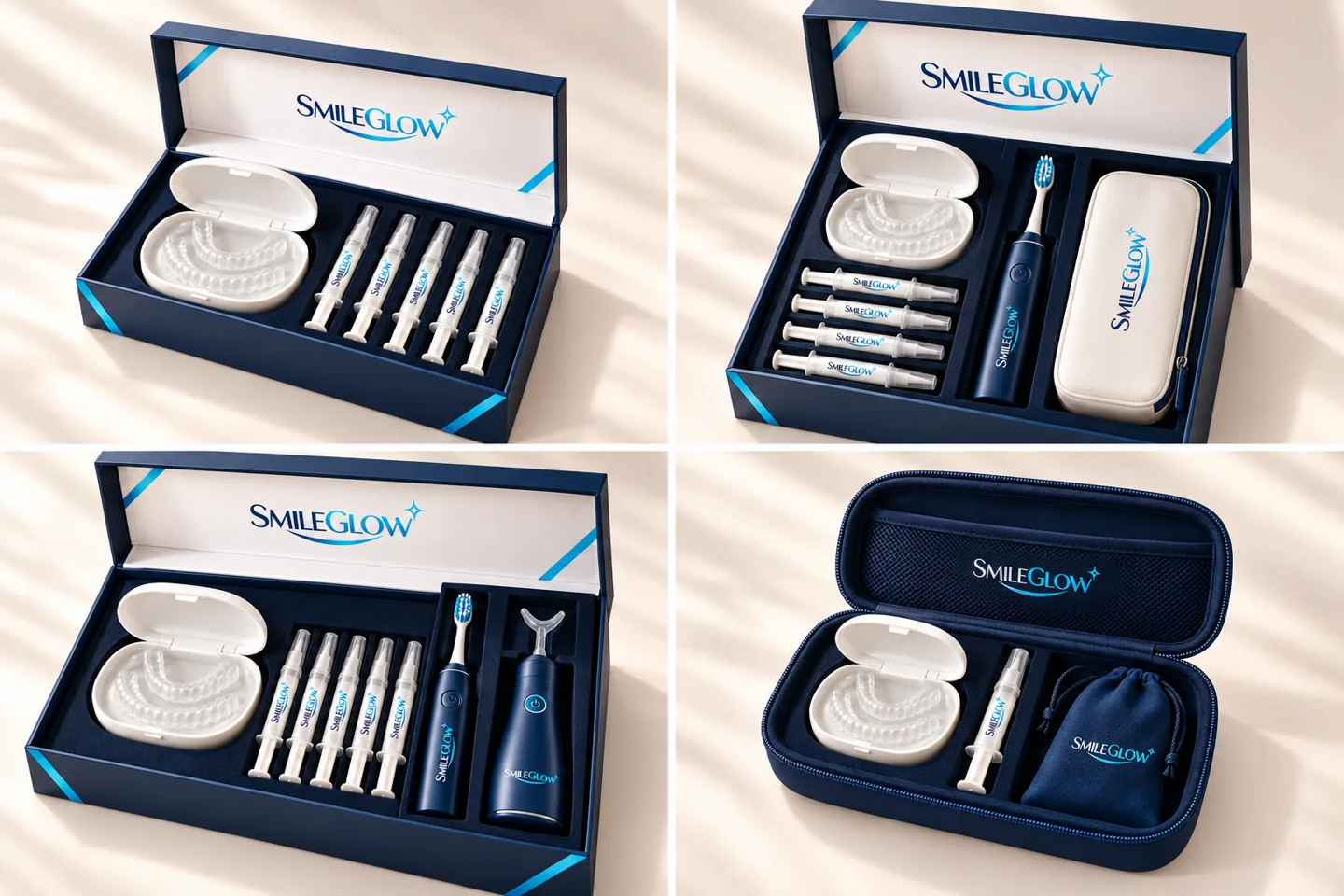 Quatre concepts de coffrets SMILEGLOW : Signature, Rituel électrique, Soin complet et Voyage