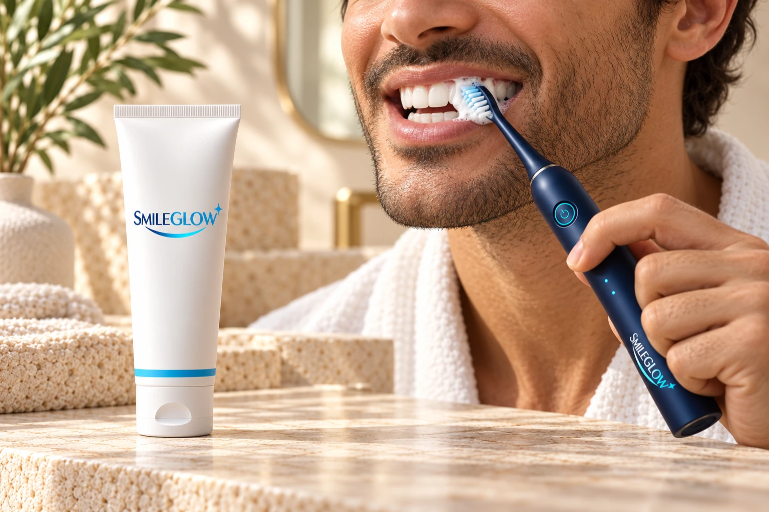 Brosse électrique et dentifrice SMILEGLOW dans une mise en scène du brossage des dents