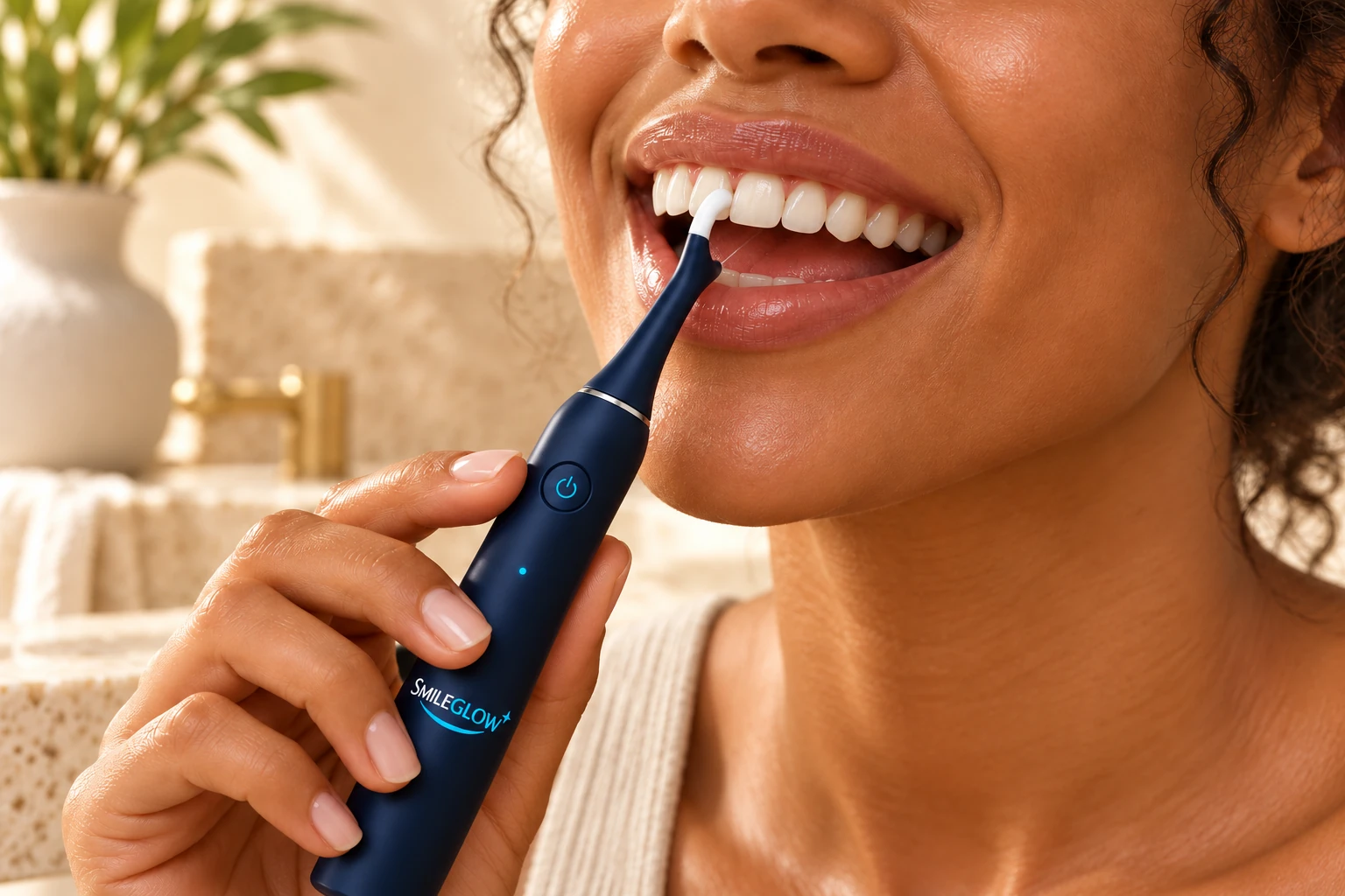 Mise en scène du fil dentaire électrique SMILEGLOW au contact des dents