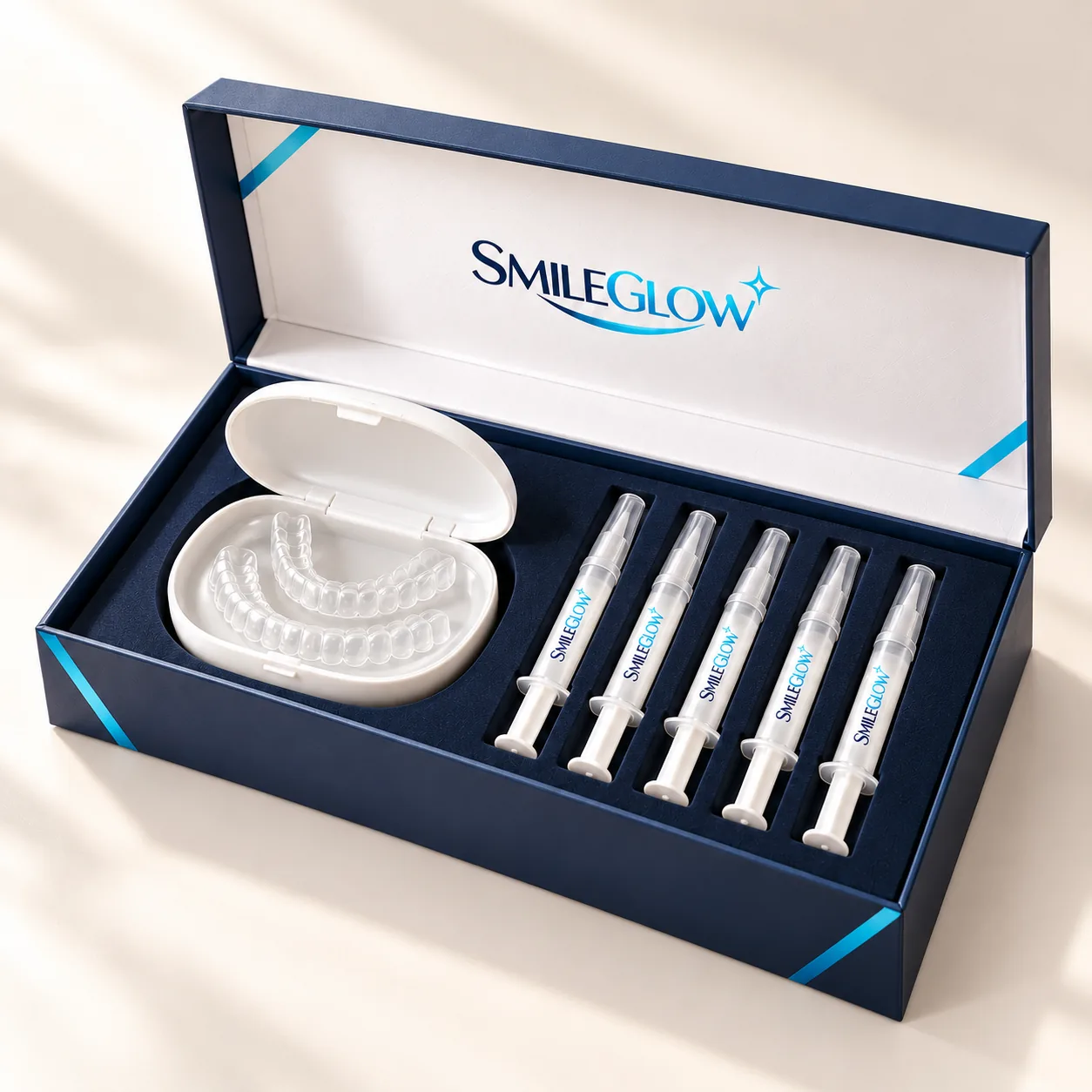 Proposition de coffret SMILEGLOW ouvert avec étui et applicateurs de gel
