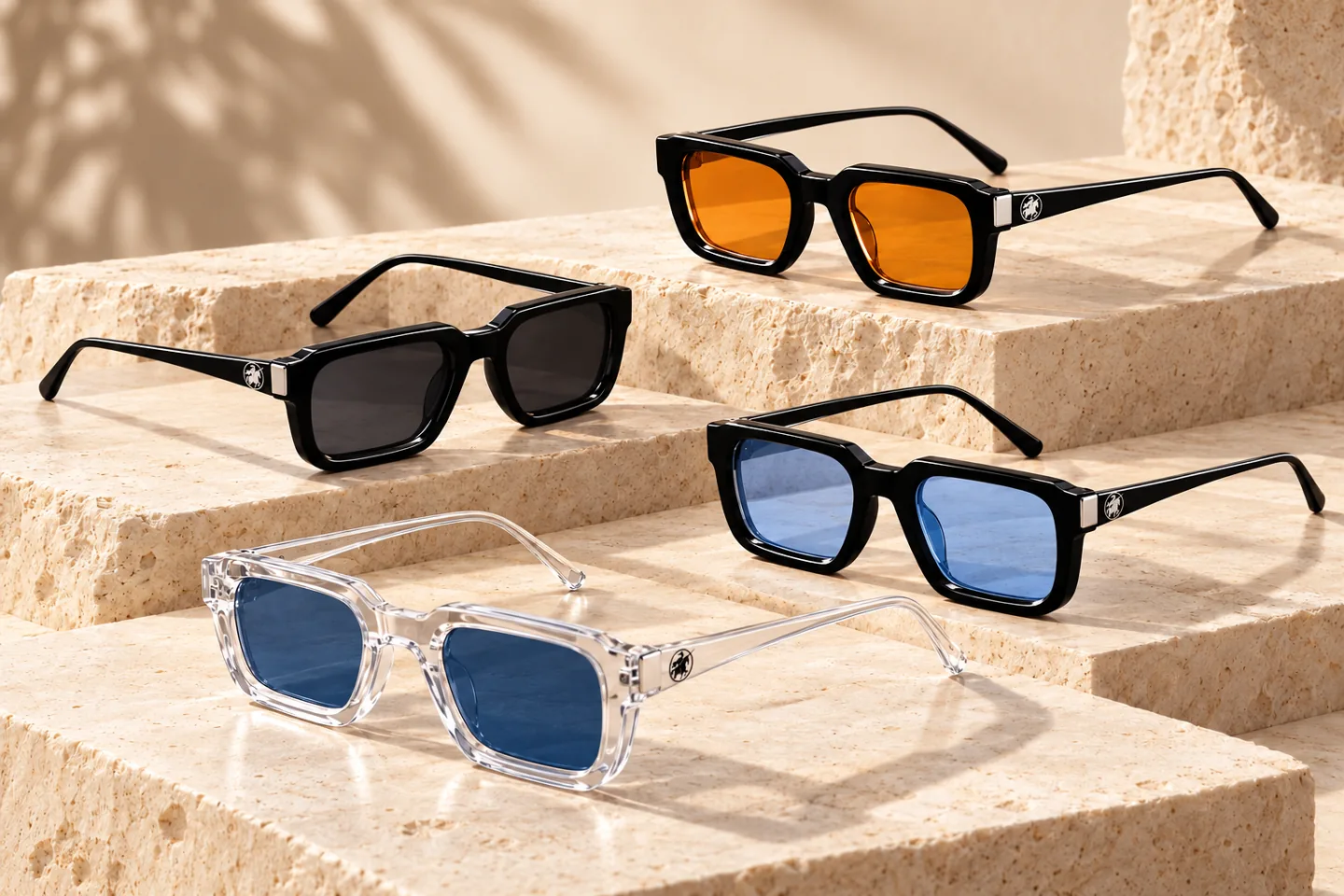 Quatre lunettes BAYARD rectangulaires : noir fumé, noir bleu, noir ambre et cristal bleu, avec le chevalier sur les branches