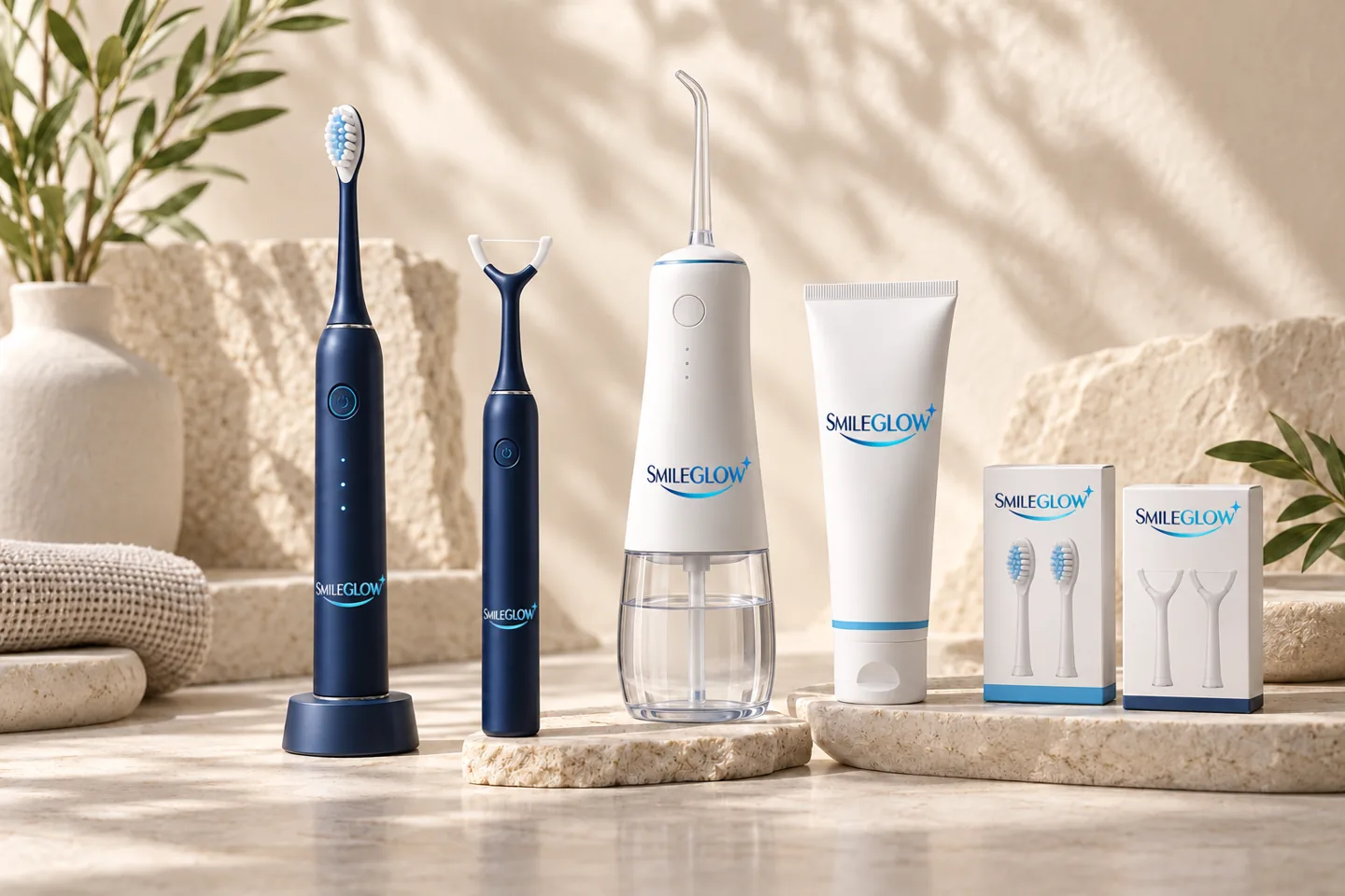 Concept de gamme SMILEGLOW : brosse électrique, fil dentaire électrique, hydropulseur et dentifrice