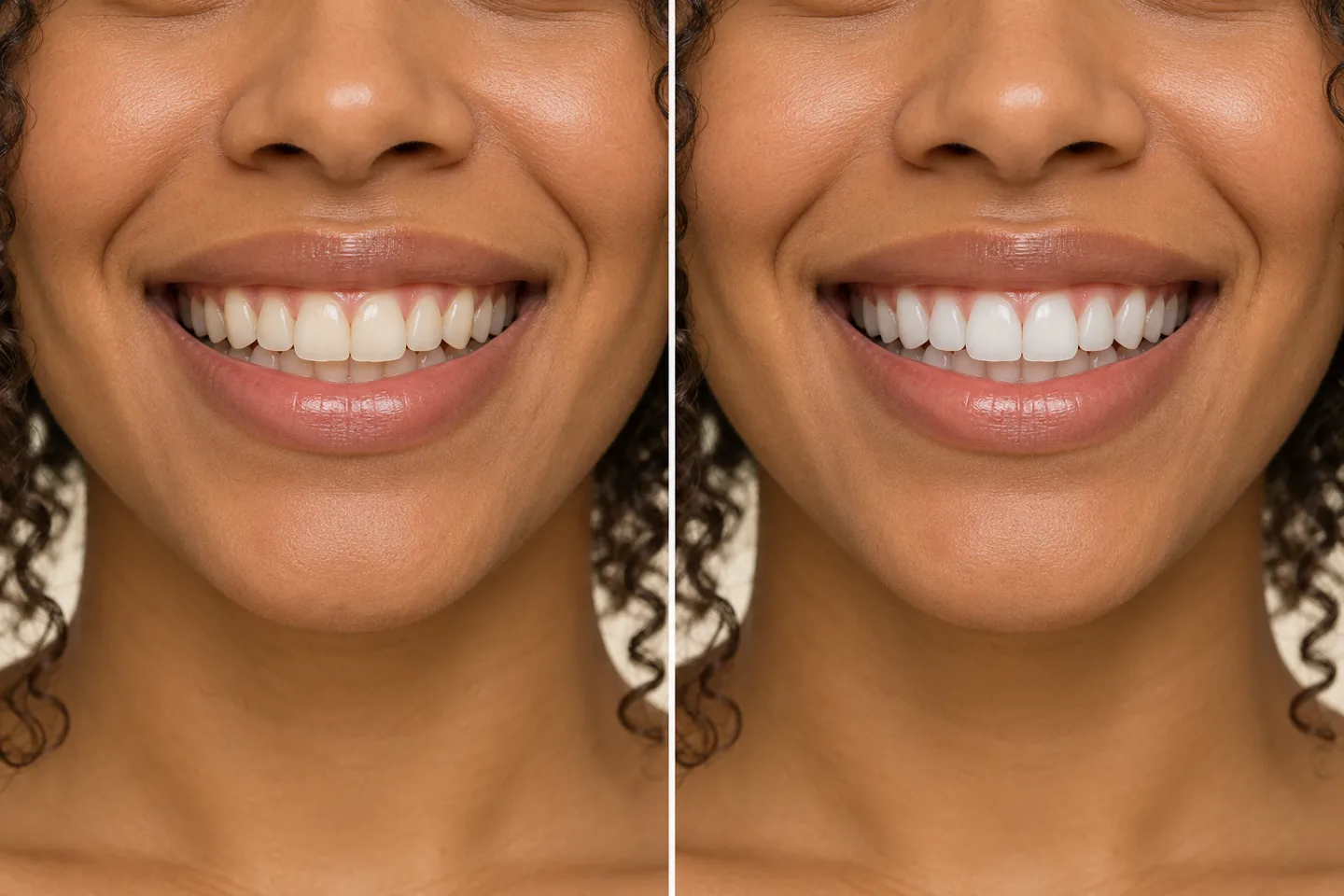 Simulation fictive avant et après d’une variation modérée de teinte sur le même sourire, sans résultat clinique réel