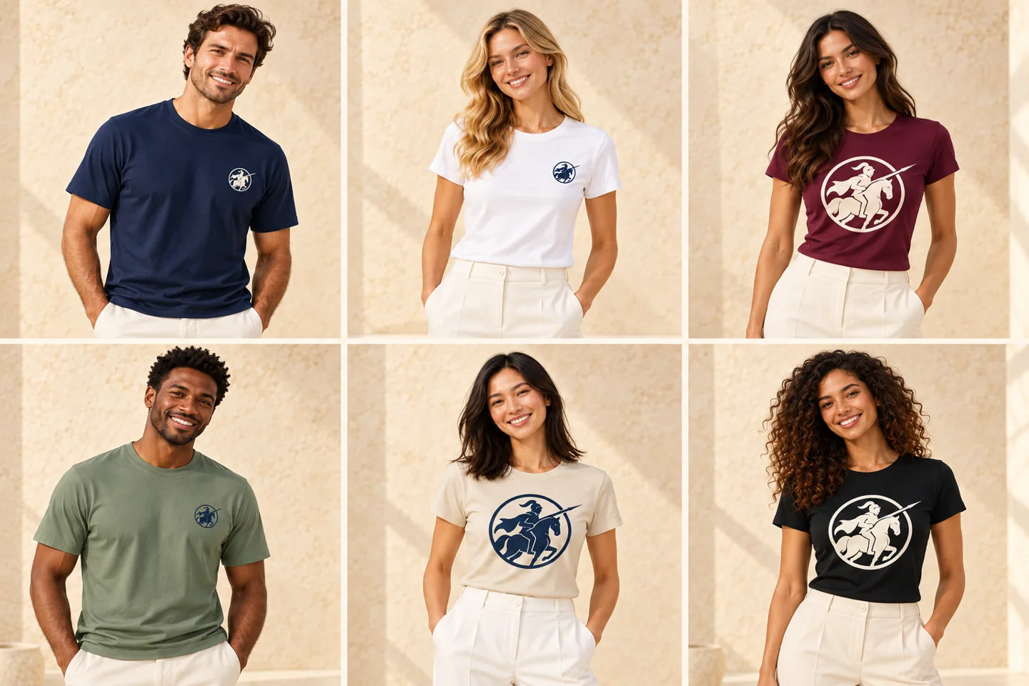 Six mannequins souriants présentent les tee-shirts BAYARD en marine, blanc, bordeaux, vert sauge, sable et noir